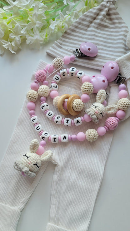 3tlg Set Schnullerkette Kinderwagenkette Beissring Hasen