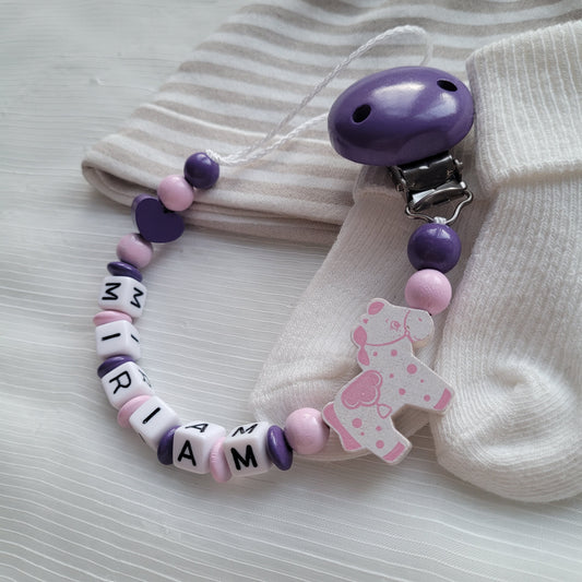 Schnullerkette mit Namen für Mädchen Herz & Pferd lila rosa