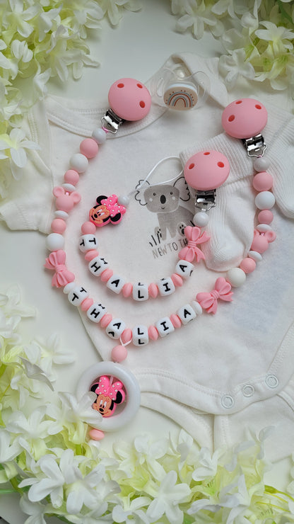 Kinderwagenkette & Schnullerkette mit Namen Minnie Maus babypink
