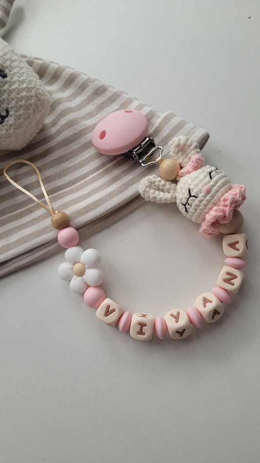 Schnullerkette mit Namen für Mädchen Häschen & Blume rose