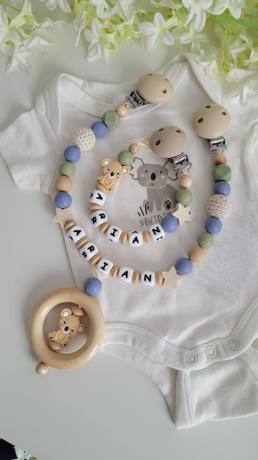 Kinderwagenkette & Schnullerkette *Koala* beige blau grün