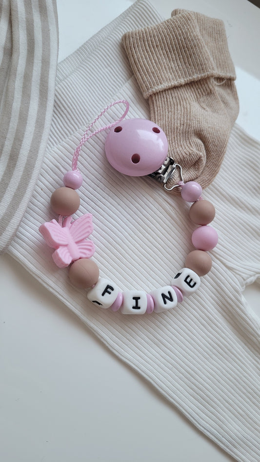 Schnullerkette mit Namen für Mädchen Zauberhafte Schmetterling rosa taupe