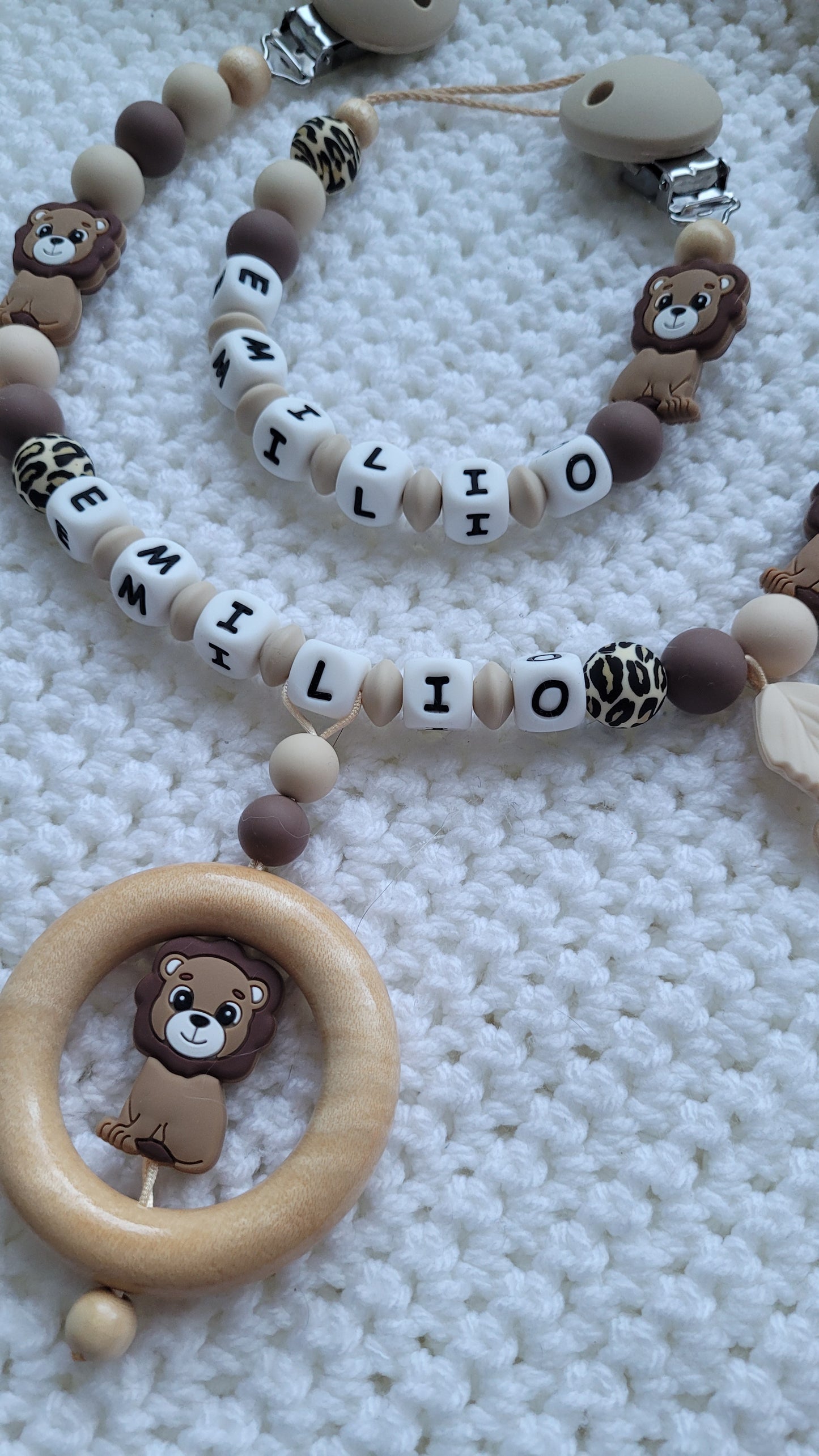 Kinderwagenkette & Schnullerkette Set Baby Löwe beige braun leo