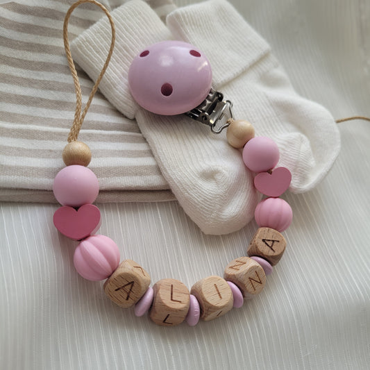 Schnullerkette mit Namen für Mädchen Herzen rosa