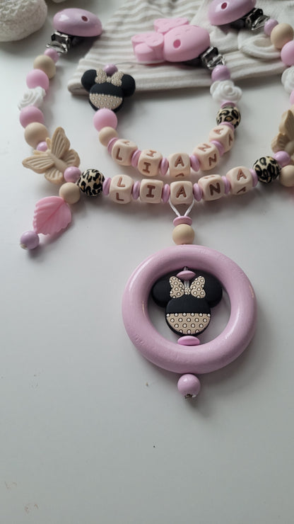 Kinderwagenkette & Schnullerkette mit Namen Minnie Maus Rosen leo
