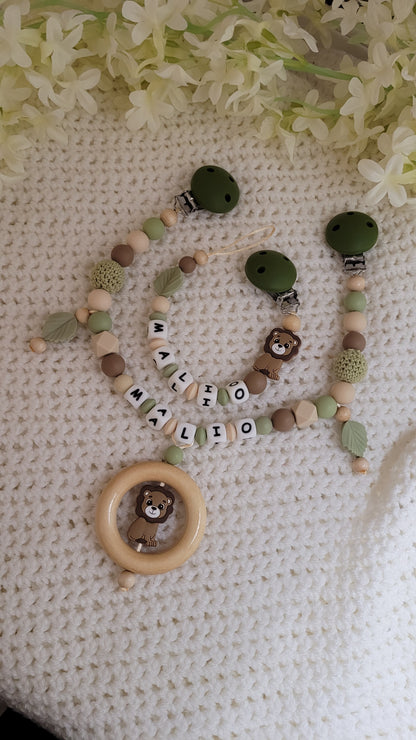 Kinderwagenkette & Schnullerkette Set Baby Löwe beige braun grün