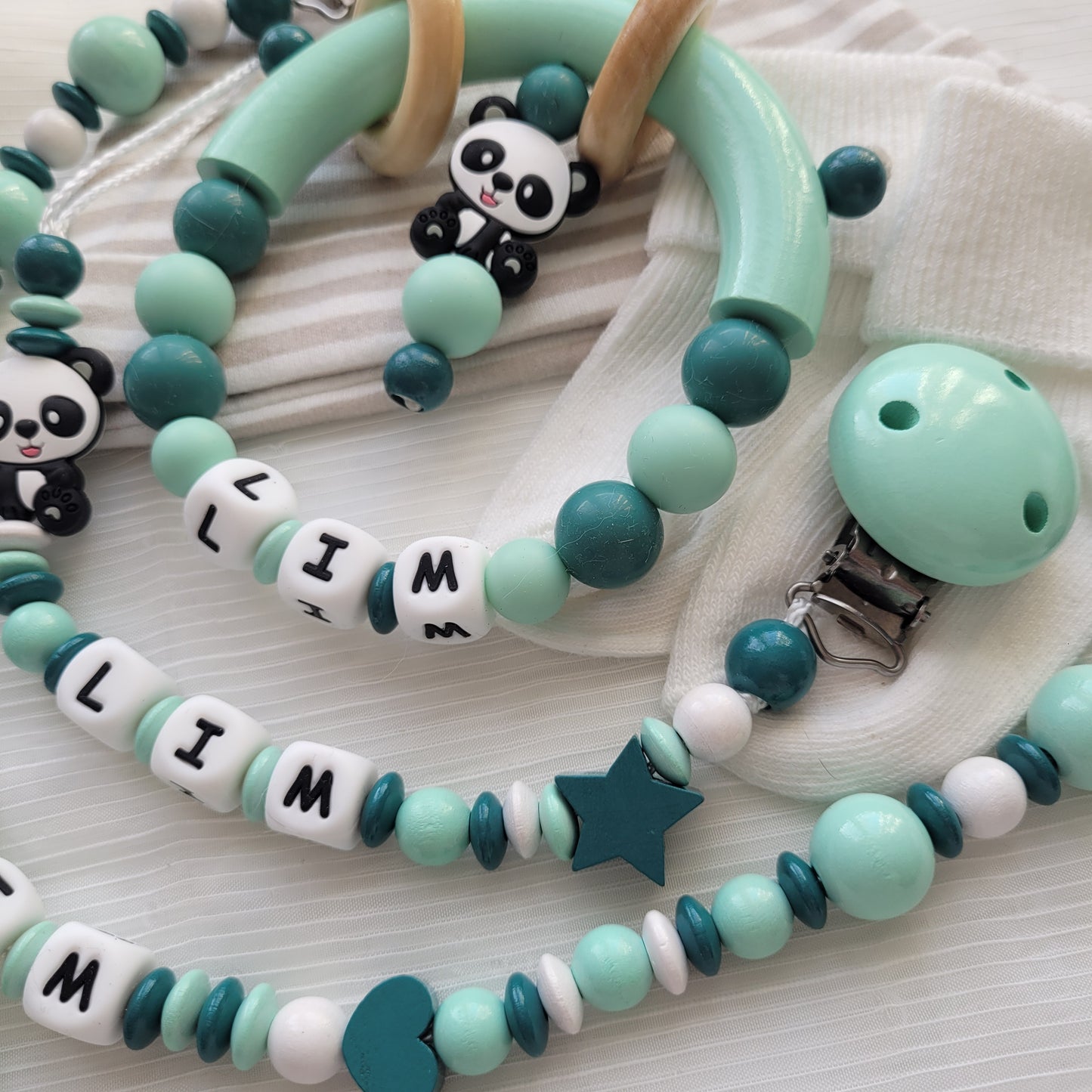 3tlg Schnullerkette Kinderwagenkette Greifring Panda mint petrol