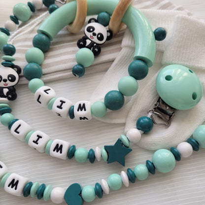 3tlg Schnullerkette Kinderwagenkette Greifring Panda mint petrol