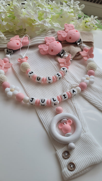 Kinderwagenkette & Schnullerkette mit Namen Schmetterling Maus & Blume rosa