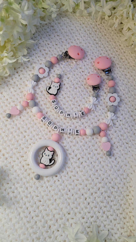 Kinderwagenkette & Schnullerkette mit Namen Kätzchen