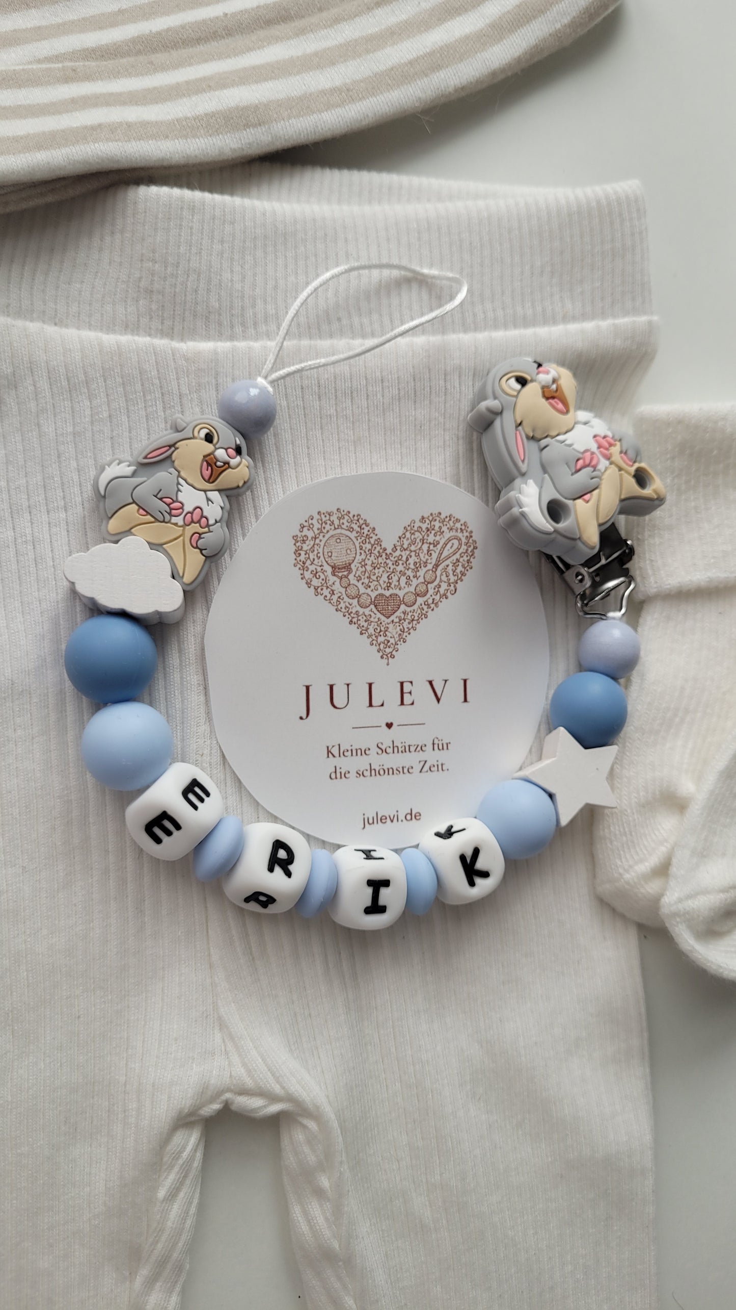 Schnullerkette mit Namen Jungen Hase blau | personalisiert