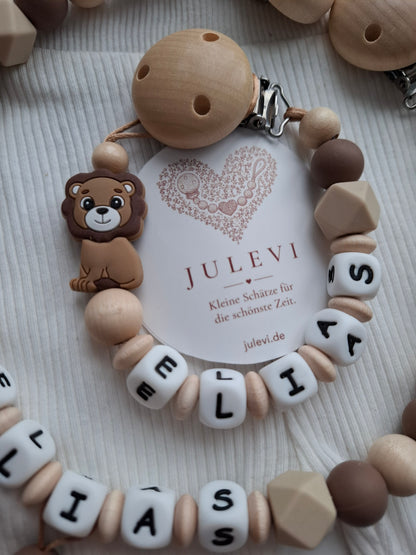 3er Set Schnullerkette Kinderwagenkette & Greifring mit Namen Löwe braun beige Holz
