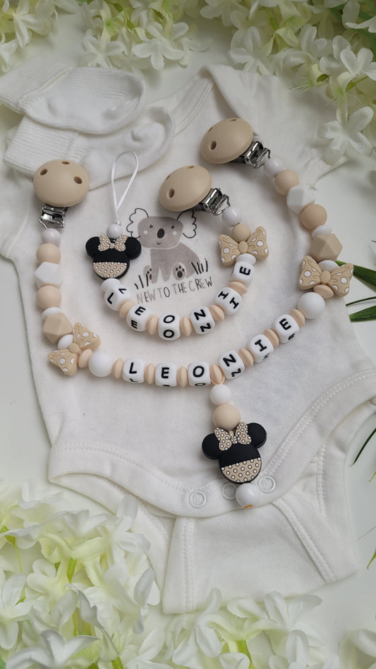 Kinderwagenkette & Schnullerkette mit Namen Minnie beige