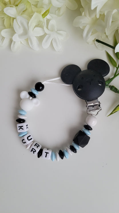 Schnullerkette für Jungen * Mickey Maus* hellblau schwarz weiß