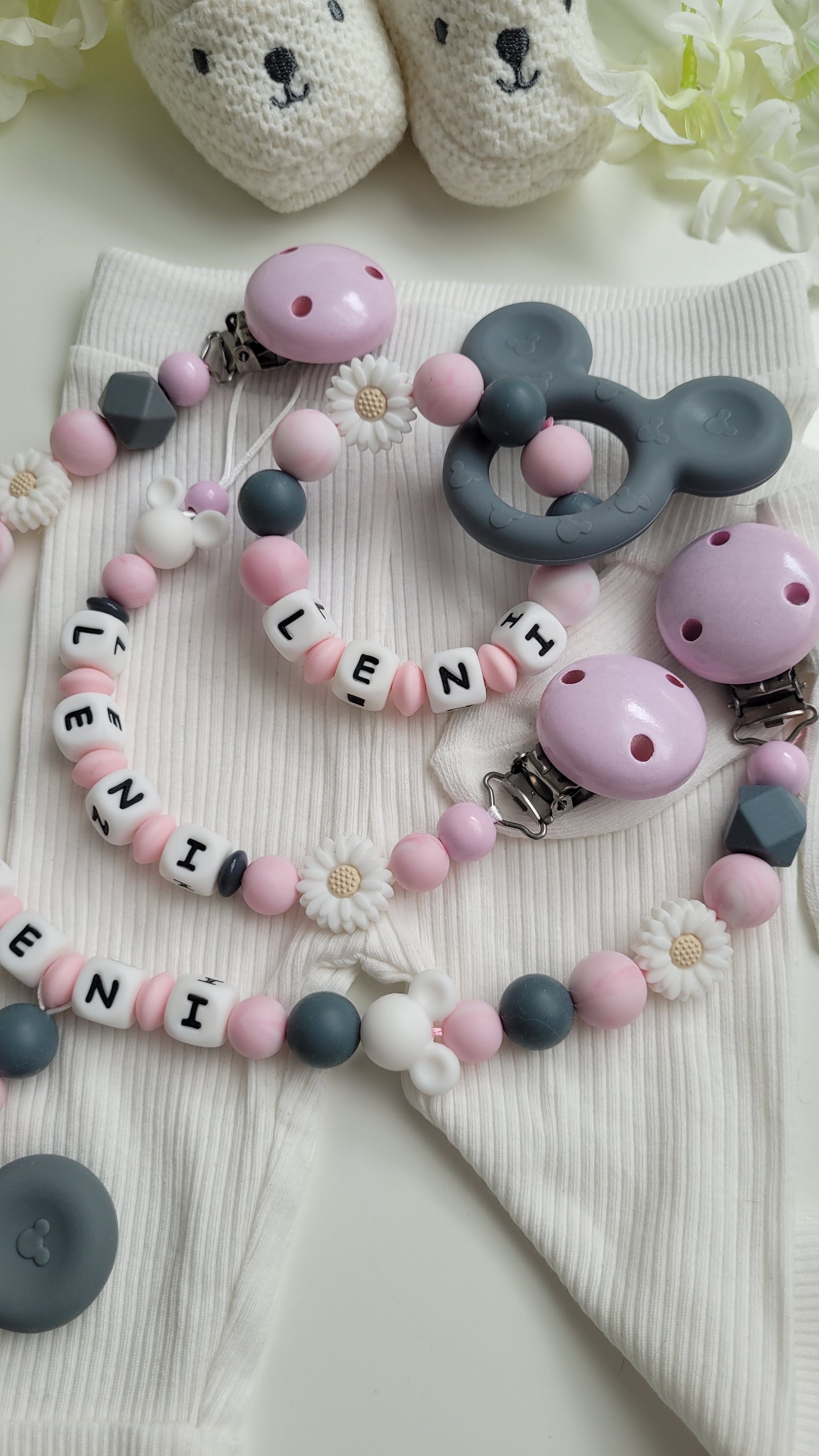 3tlg Set Schnullerkette Kinderwagenkette Greifling Maus grau rosa