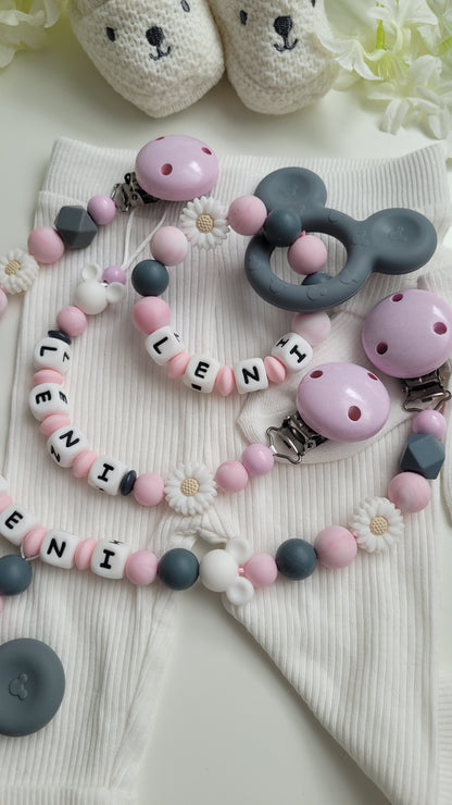 3tlg Set Schnullerkette Kinderwagenkette Greifling Maus grau rosa