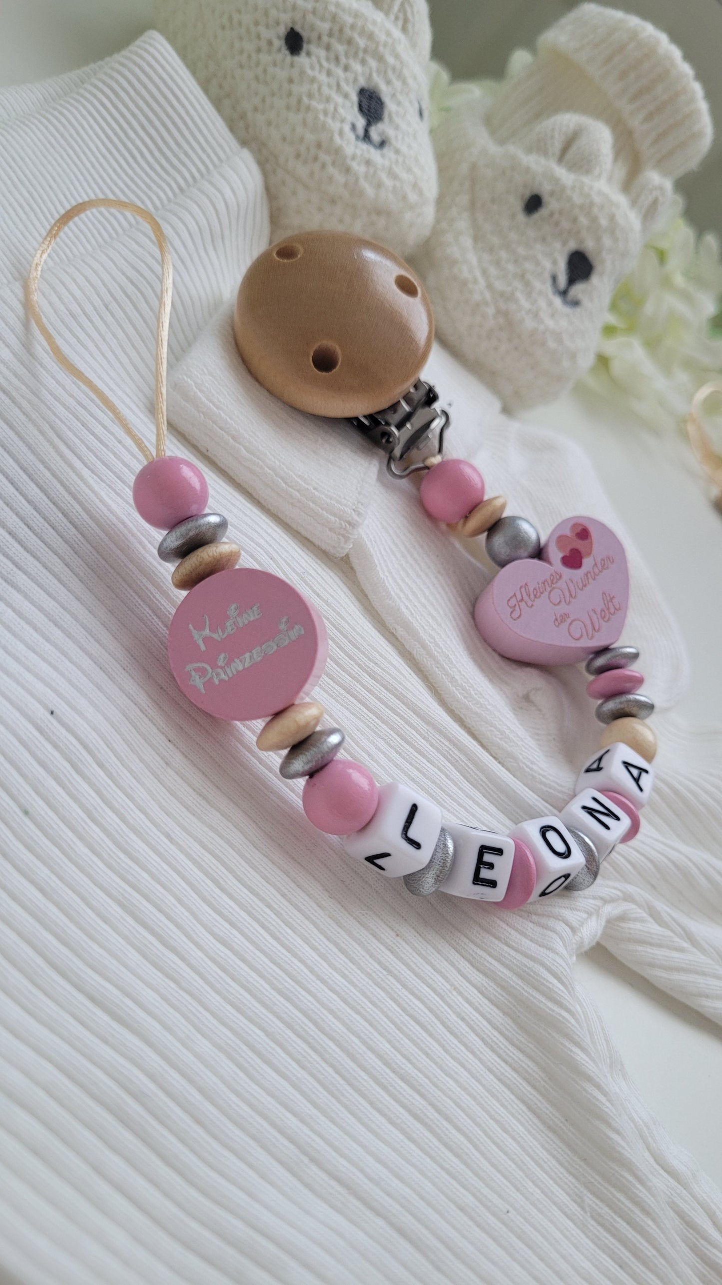 Schnullerkette mit Namen für Mädchen Kleine Prinzessin rosa silber