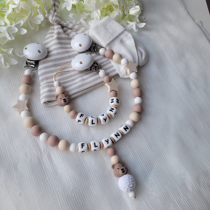 Kinderwagenkette & Schnullerkette Set Baby Teddy für Jungen braun beige weiss holz