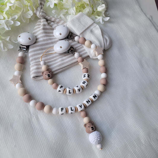 Kinderwagenkette & Schnullerkette Set Baby Teddy für Jungen braun beige weiss holz