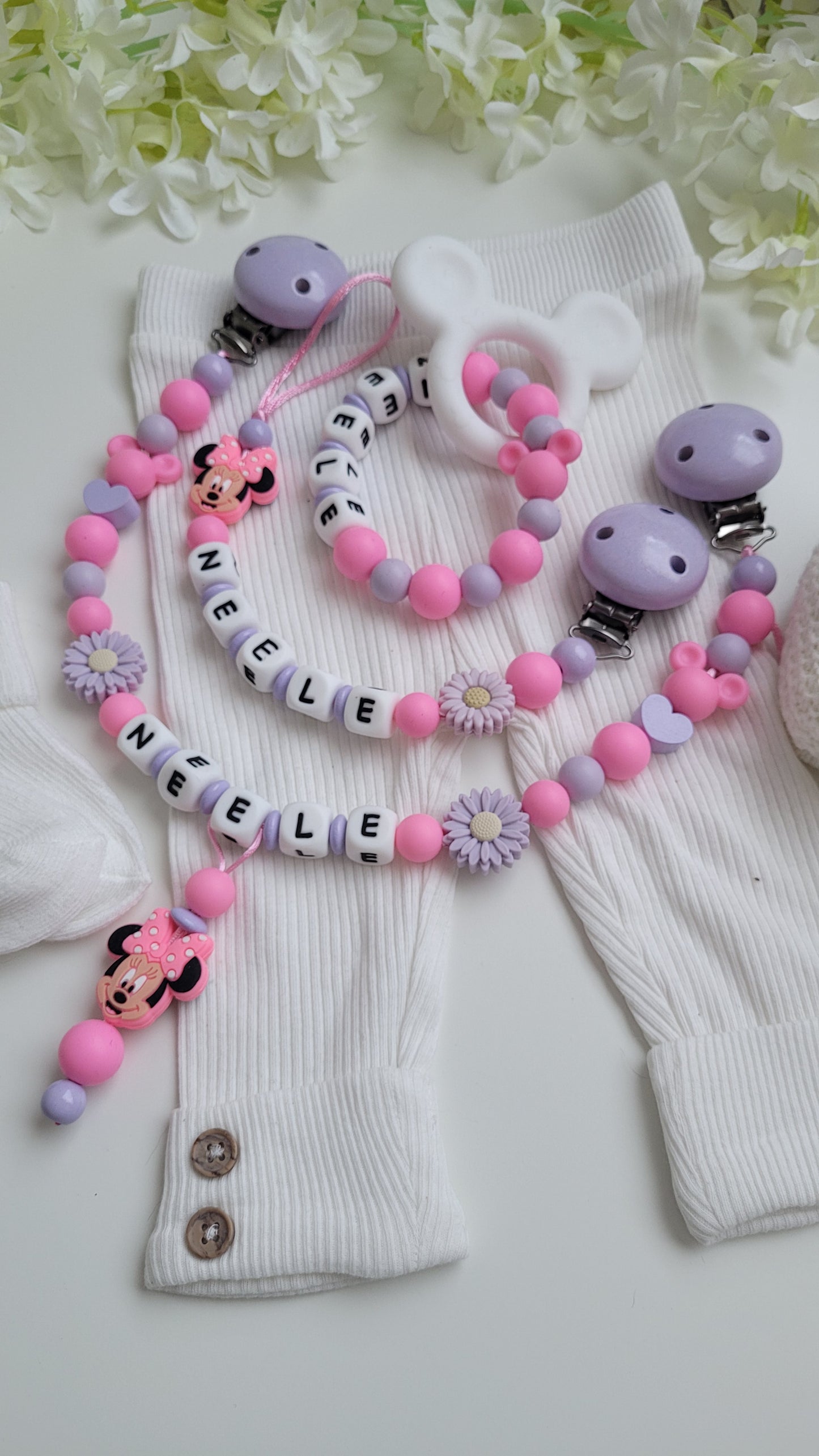 3tlg Set Pink flieder Maus Schnullerkette Kinderwagenkette und Greifring