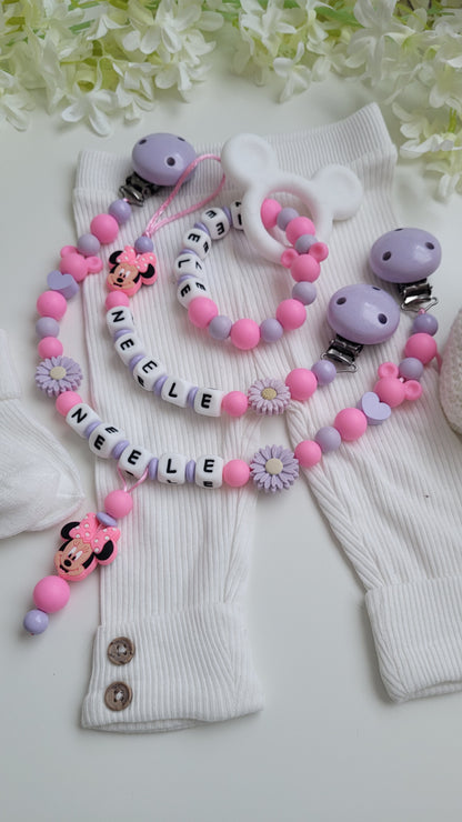 3tlg Set Pink flieder Maus Schnullerkette Kinderwagenkette und Greifring