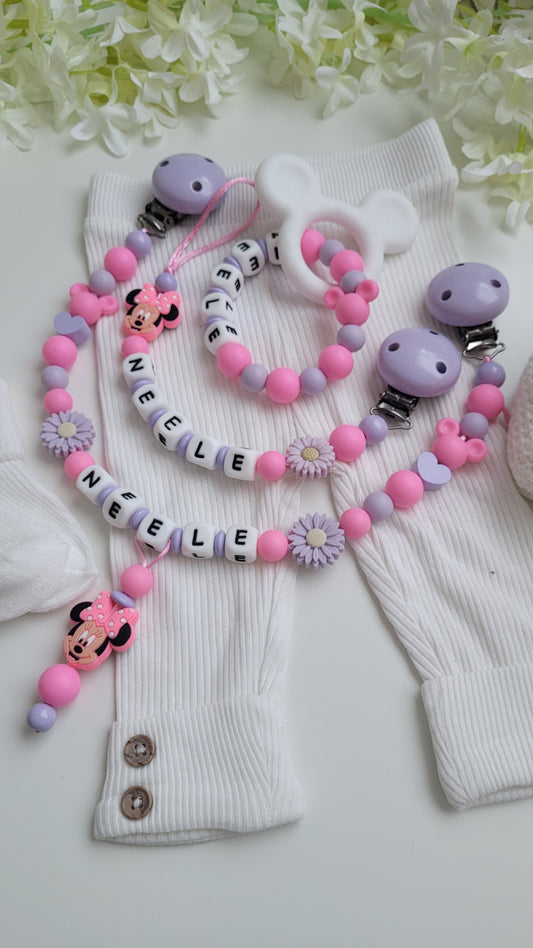 3tlg Set Pink flieder Maus Schnullerkette Kinderwagenkette und Greifring