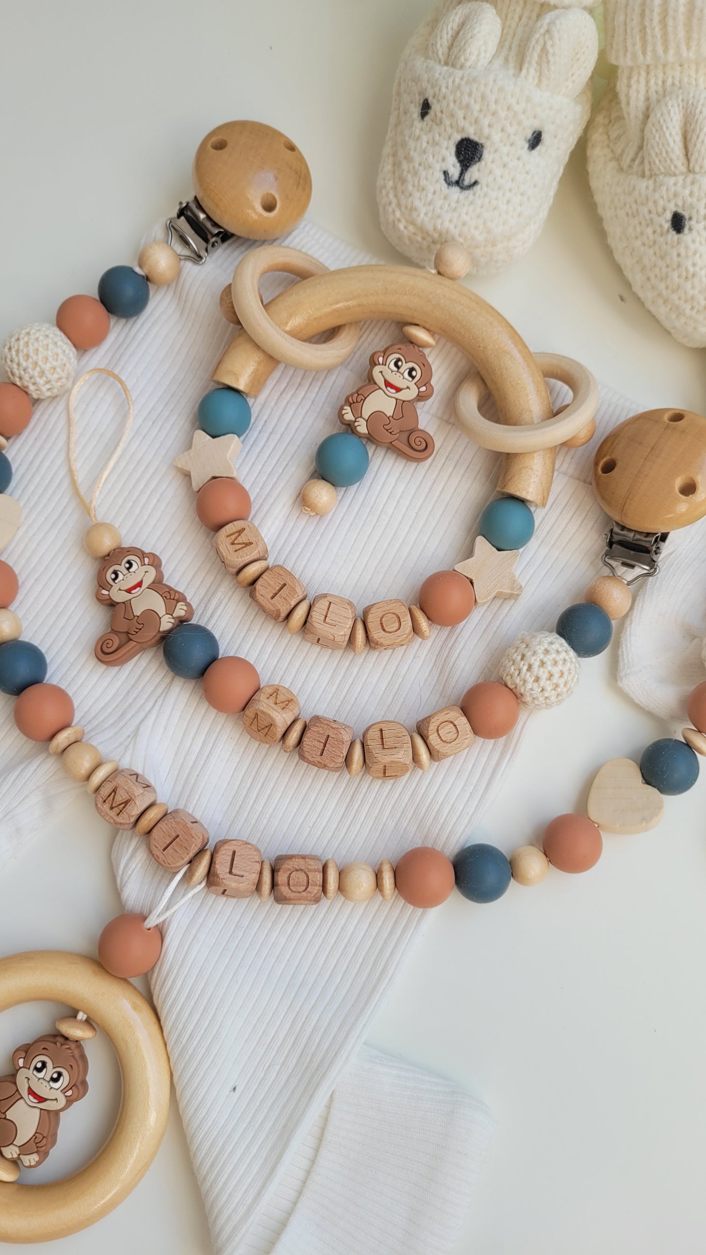 3tlg Set Schnullerkette Kinderwagenkette Greifling personalisiert