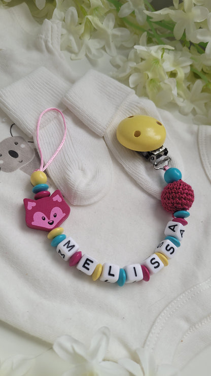 Schnullerkette mit Namen für Mädchen Fuchs gelb türkis pink