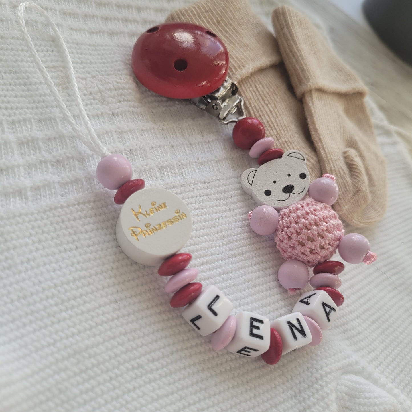 Schnullerkette mit Namen für Mädchen Kleine Prinzessin & Bärchen rosa weinrot