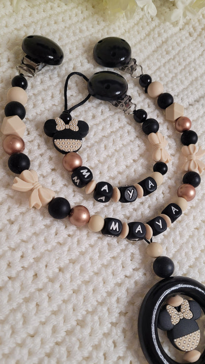 Kinderwagenkette & Schnullerkette mit Namen Minnie perlgold beige schwarz