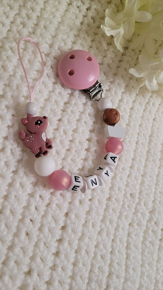 Schnullerkette mit Namen für Mädchen Reh rosa rosegold