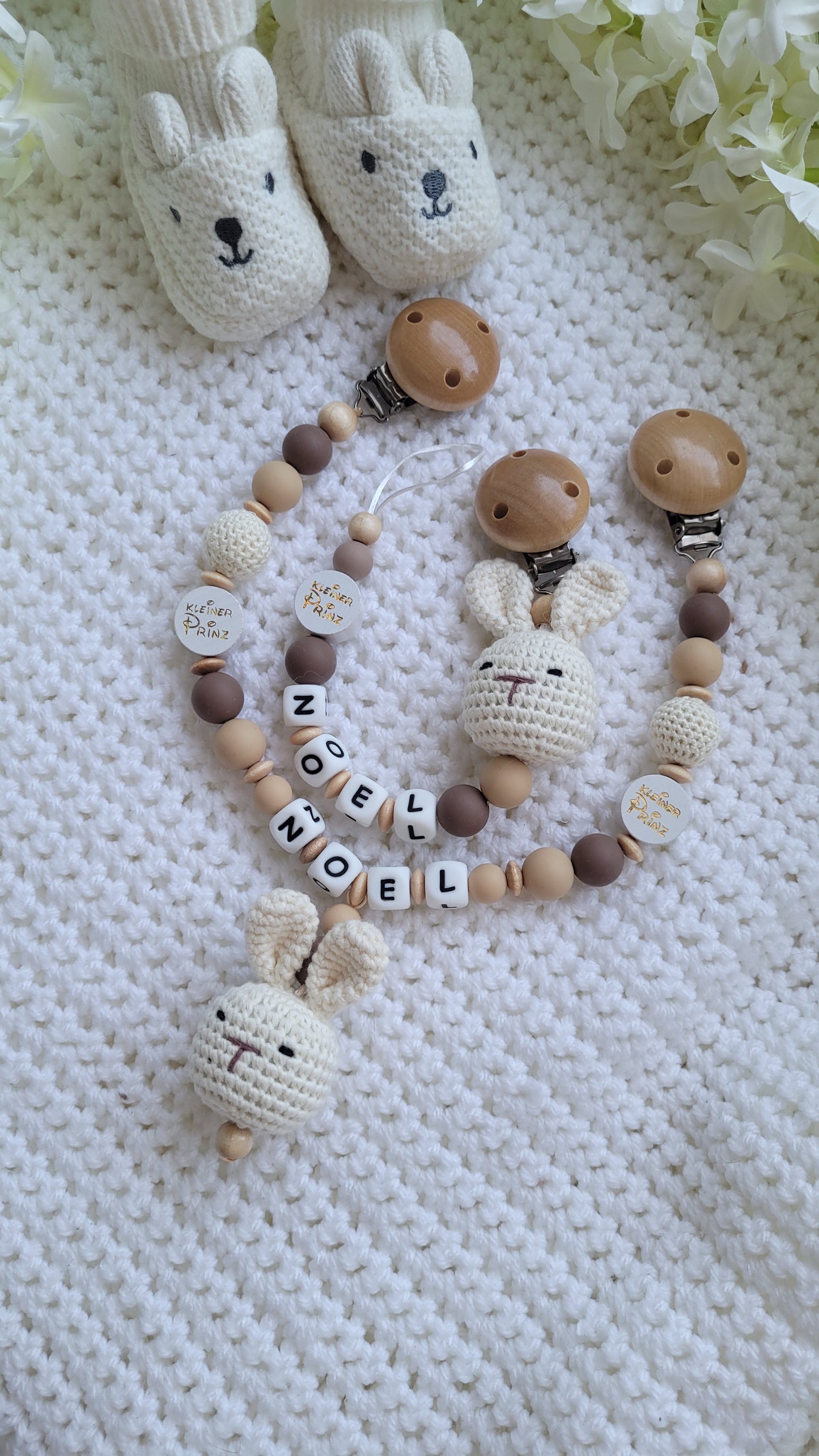 Kinderwagenkette & Schnullerkette Set Baby Hase für Jungen braun beige
