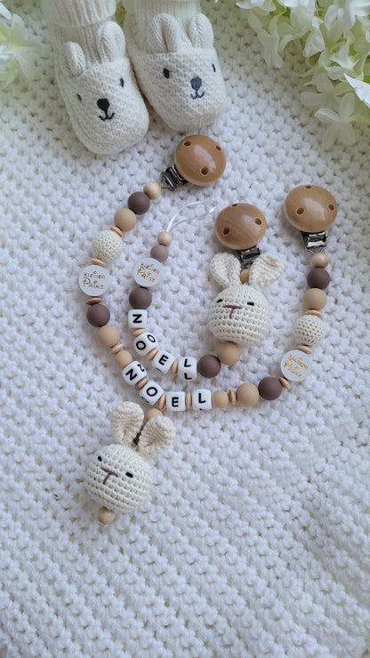 Kinderwagenkette & Schnullerkette Set Baby Hase für Jungen braun beige