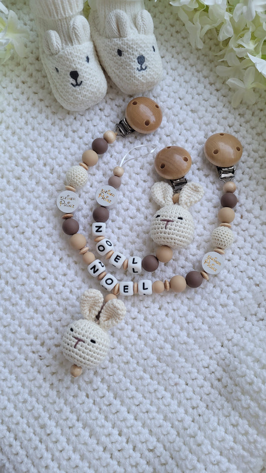 Kinderwagenkette & Schnullerkette Set Baby Hase für Jungen braun beige