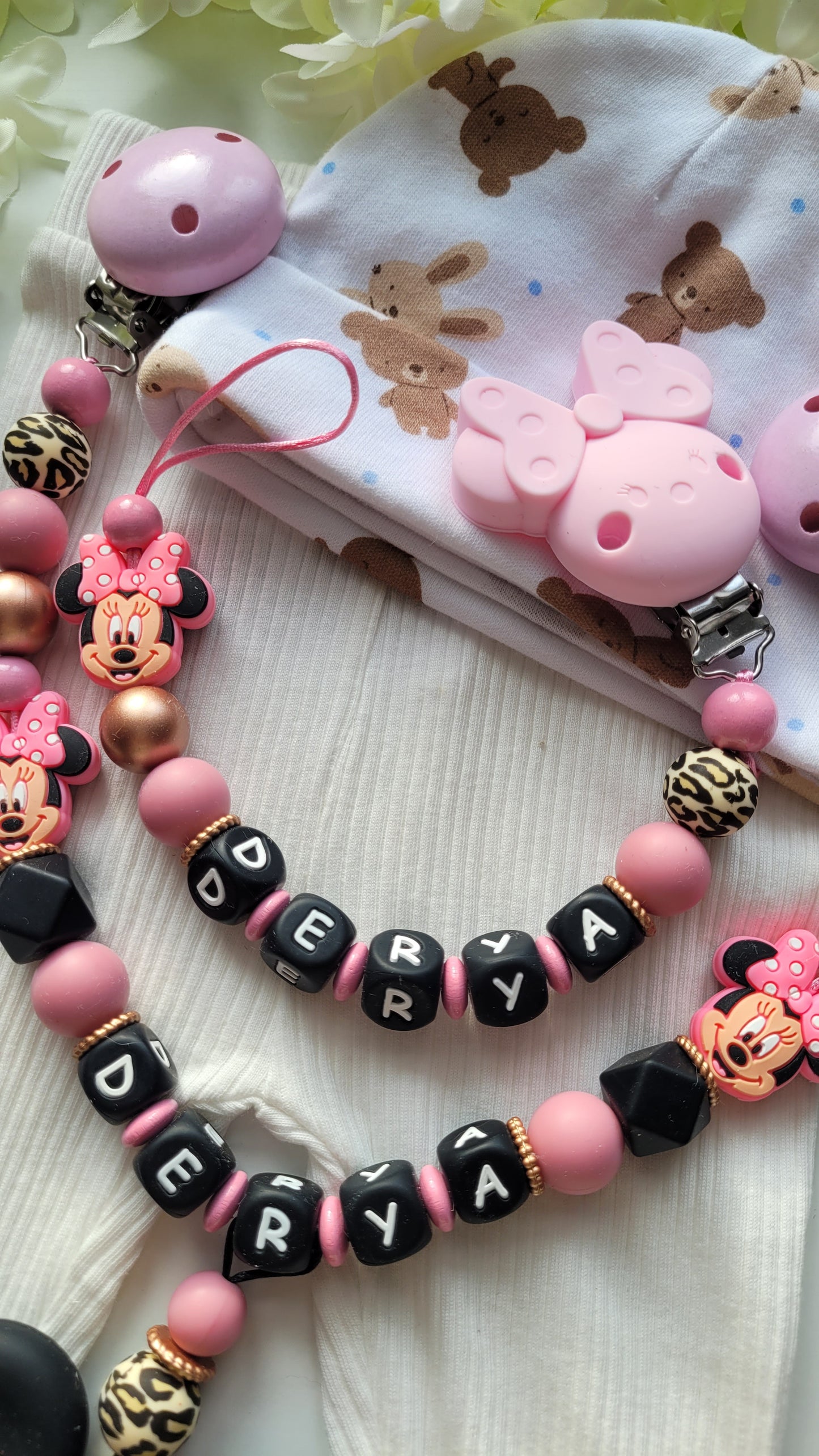 3er Set Kinderwagenkette & Schnullerkette mit Namen + Beissring für Mädchen Maus