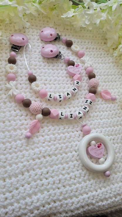 Kinderwagenkette & Schnullerkette mit Namen rosa Kleines Wunder der Welt