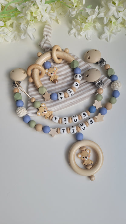 3tlg.Set Schnullerkette Kinderwagenkette & Greifring mit Namen Koala beige blau grün