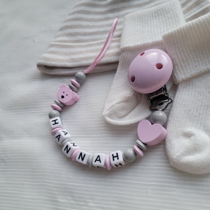 Schnullerkette mit Namen für Mädchen Herz & Teddy rosa grau