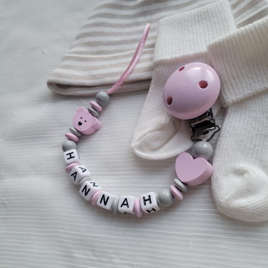 Schnullerkette mit Namen für Mädchen Herz & Teddy rosa grau