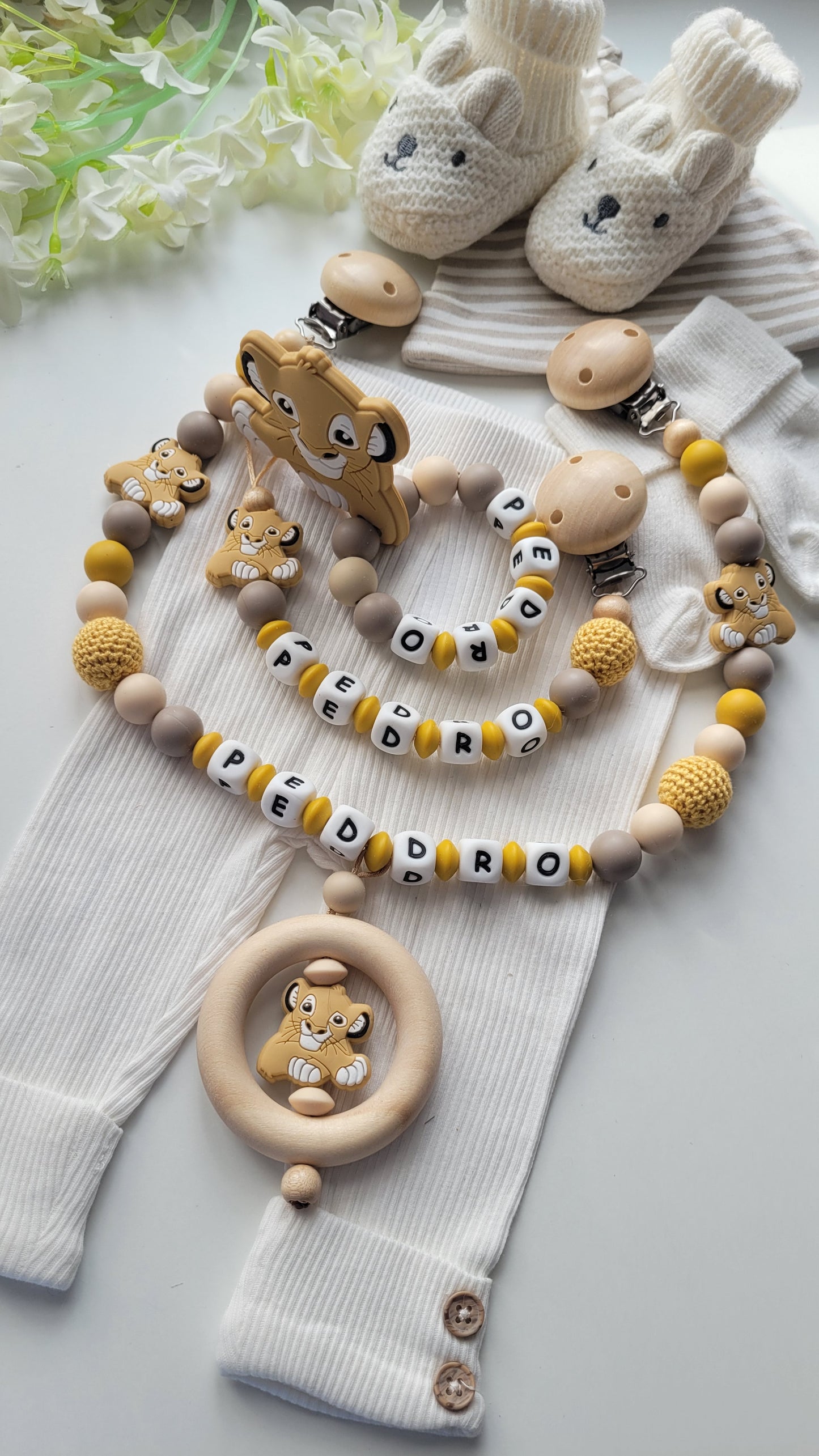 3er Set Schnullerkette Kinderwagenkette & Beissring mit Namen Löwe