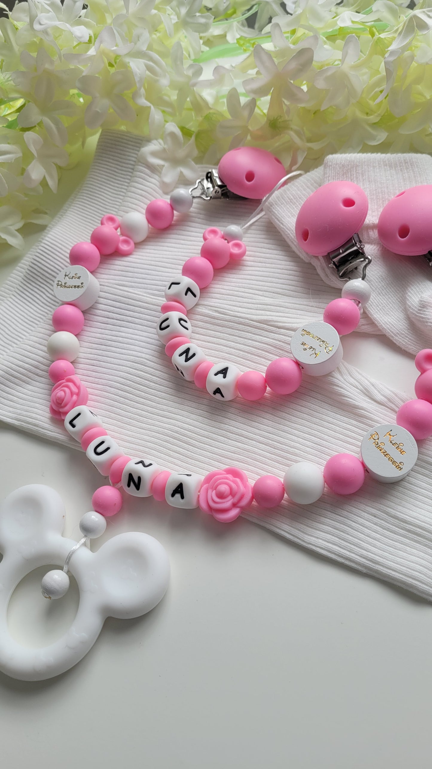 Kinderwagenkette & Schnullerkette mit Namen Minnie Maus kleine Prinzessin