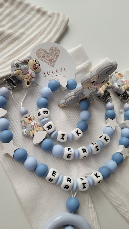 3tlg Set Schnullerkette Kinderwagenkette Beissring mit Namen Hase Wolken Sterne blau | personalisiert