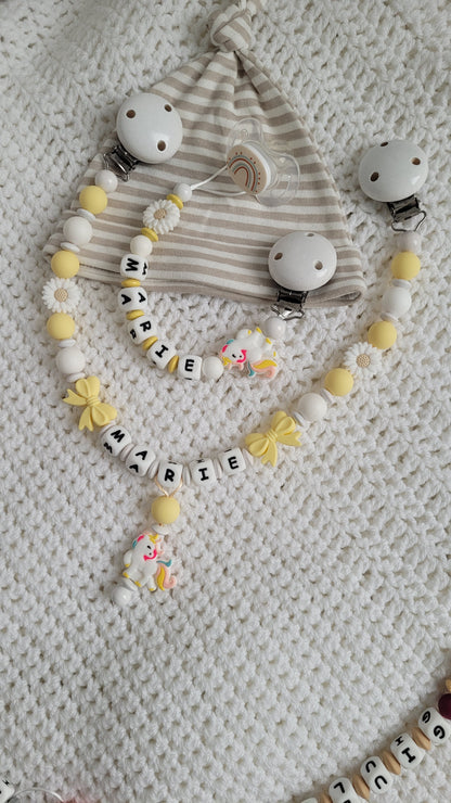 Kinderwagenkette & Schnullerkette *Einhorn*  weiss gelb