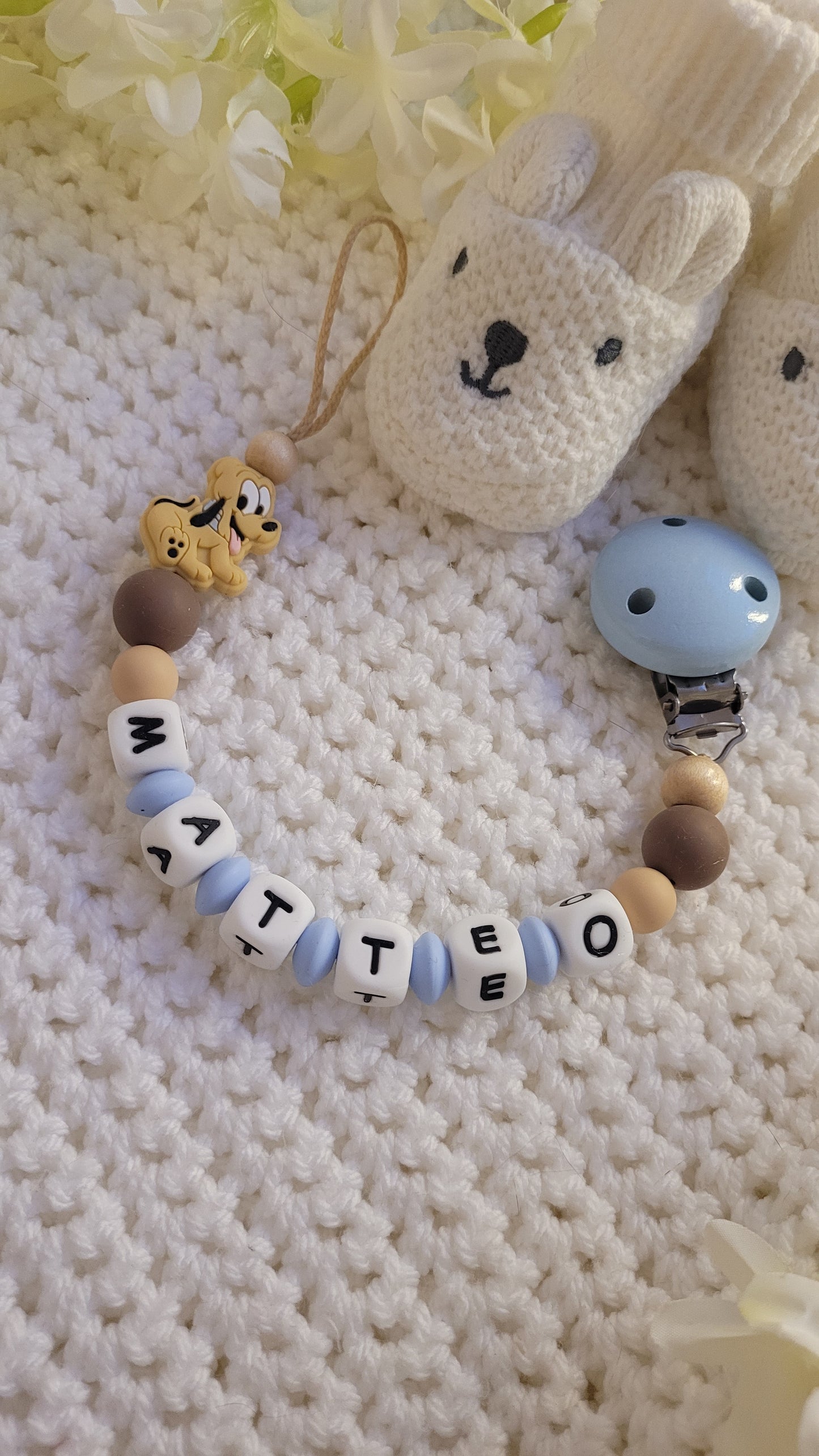 Schnullerkette für Jungen mit Namen Hund Braun blau holz