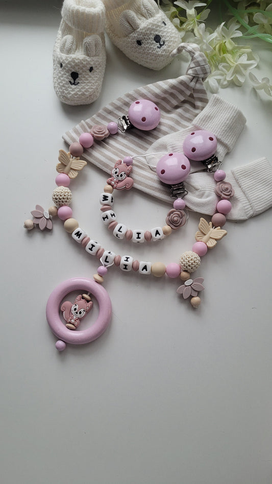 Kinderwagenkette & Schnullerkette mit Namen Eichhörnchen beige rosa