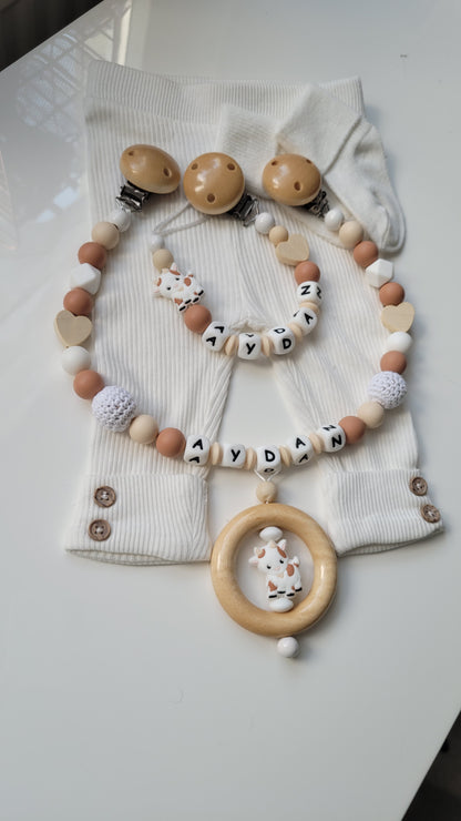 Kinderwagenkette & Schnullerkette mit Namen Bauernhof