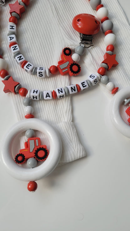 Kinderwagenkette & Schnullerkette *Traktor* rot