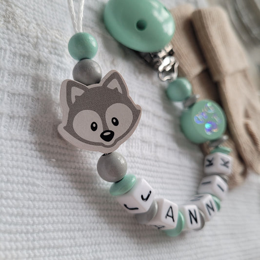 Schnullerkette für Jungen mit Namen Fuchs & I Love Mom & Dad mint