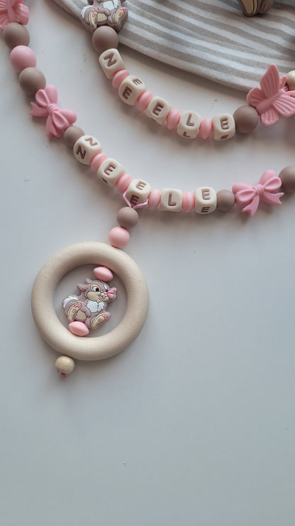 3tlg Set Schnullerkette Kinderwagenkette Beissring Hase Schmetterling apricot taupe