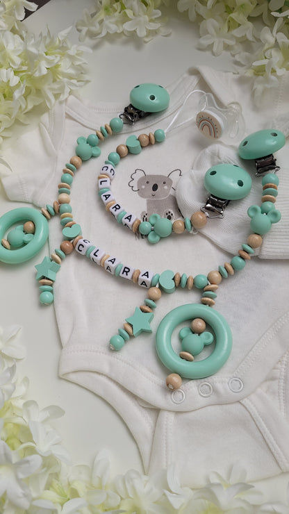 Kinderwagenkette & Schnullerkette Set Maus mint holz